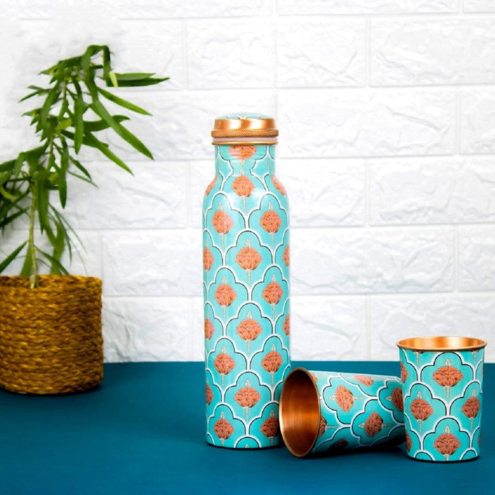 Exclusive Refreshing Green Digital Printed Copper Bottle with 2 Glasses / Tumbler Set of 3 Capacity 1450 ML - Sama Homes