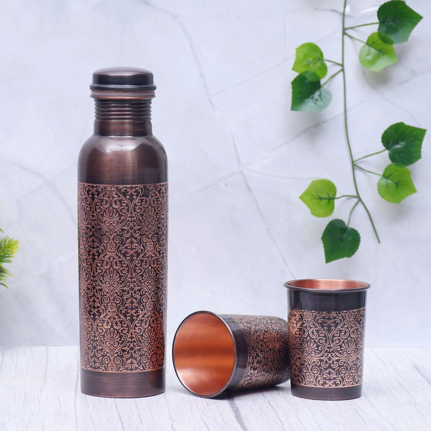 Pure Copper Water Bottle with 2 Glasses Black Antique Engraving Design Capacity 1450 ML - Sama Homes