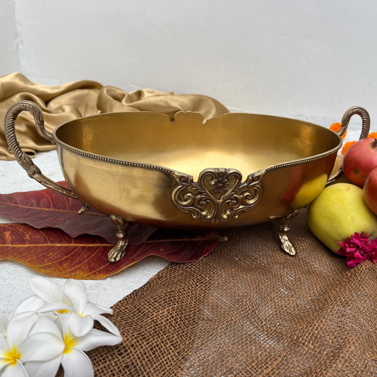 Elegant Brass Decorative Fruit Bowl | Oval Centre Table Bowl | Handcrafted Brass Home Decor - Sama Homes