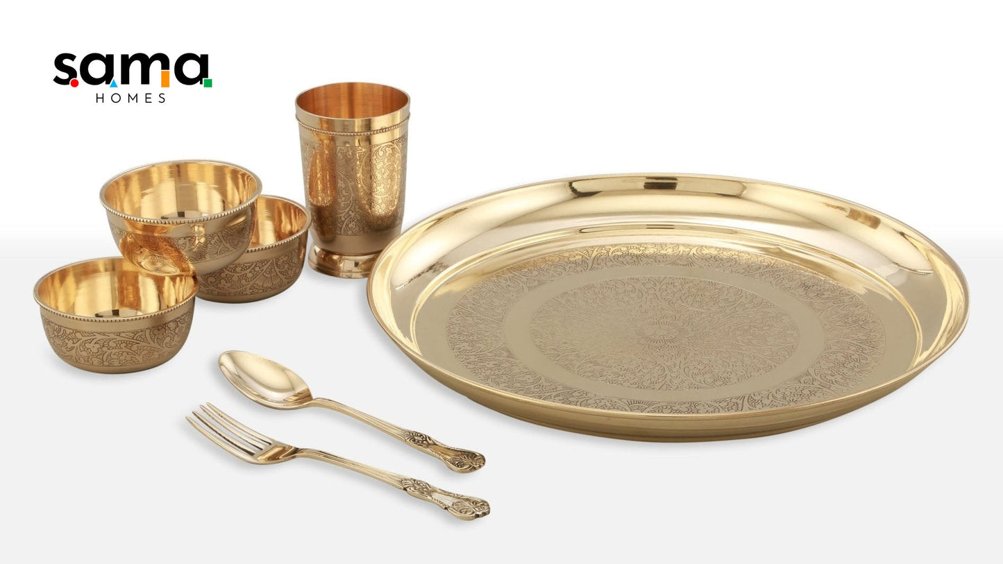 Elegant Brass Dinner Set (Apple Khomcha) – Handcrafted Indian Tableware for Festive Dining - Sama Homes