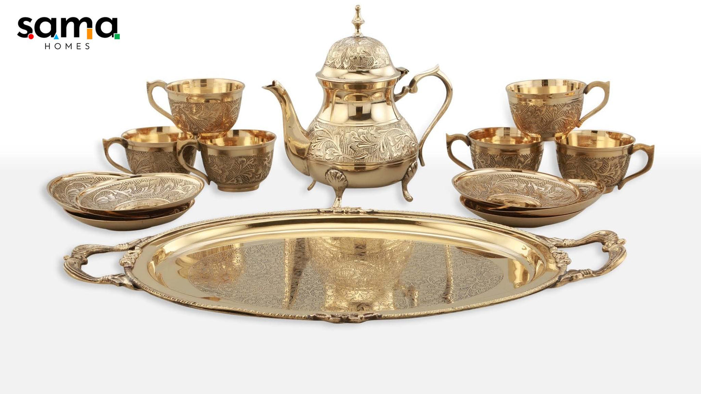 Vintage-Inspired 14-Piece Brass Etched Tea Set | Elegant Afternoon Tea Party Set | Unique Wedding or Anniversary Gift - Sama Homes