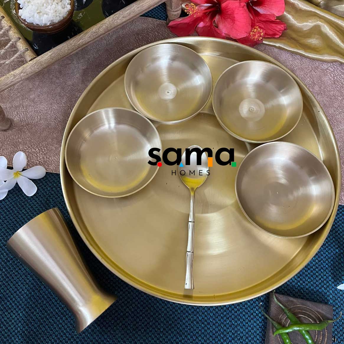 7-Piece Brass Thali Set | Traditional Indian Dining | Gujarati-Style Reusable Dinnerware - Sama Homes