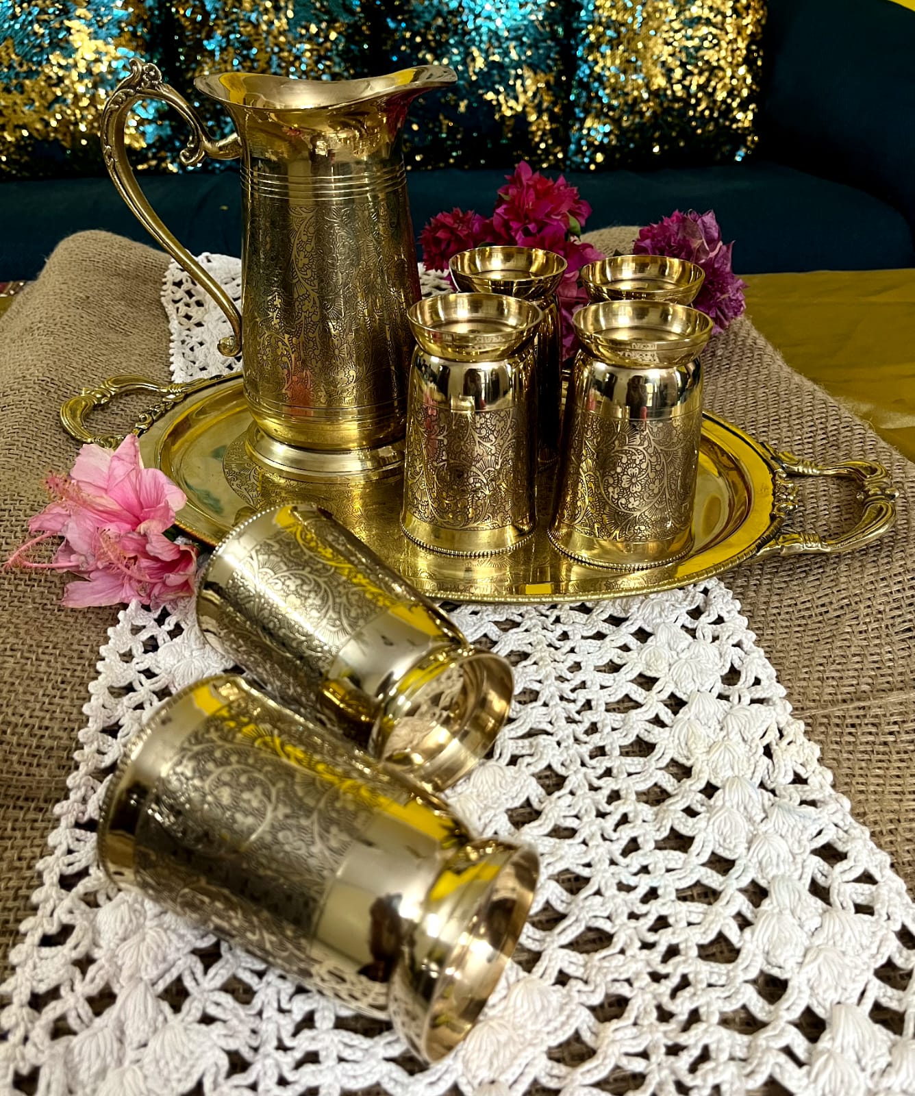 Brass Lemonade / Juice Jug with 6 Glasses and Tray - Sama Homes