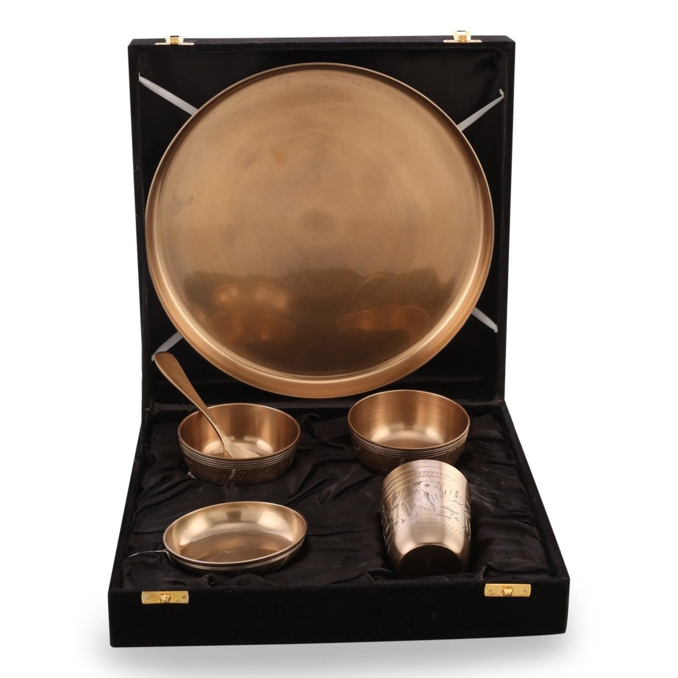 Bronze / Kansa Engraved Dinner Set Matte Finish with Velvet Box - Sama Homes