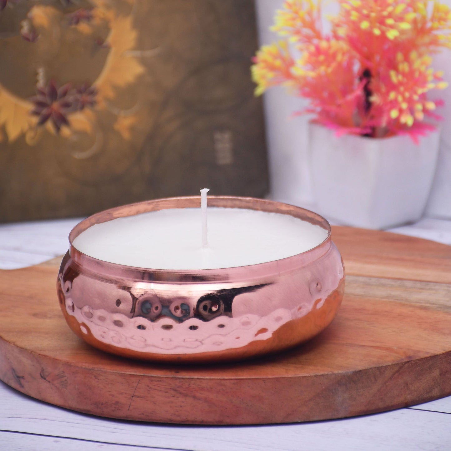 Copper Finish Flat Hammered BIg Votive with Soy Wax Candle French Vanilla - Sama Homes