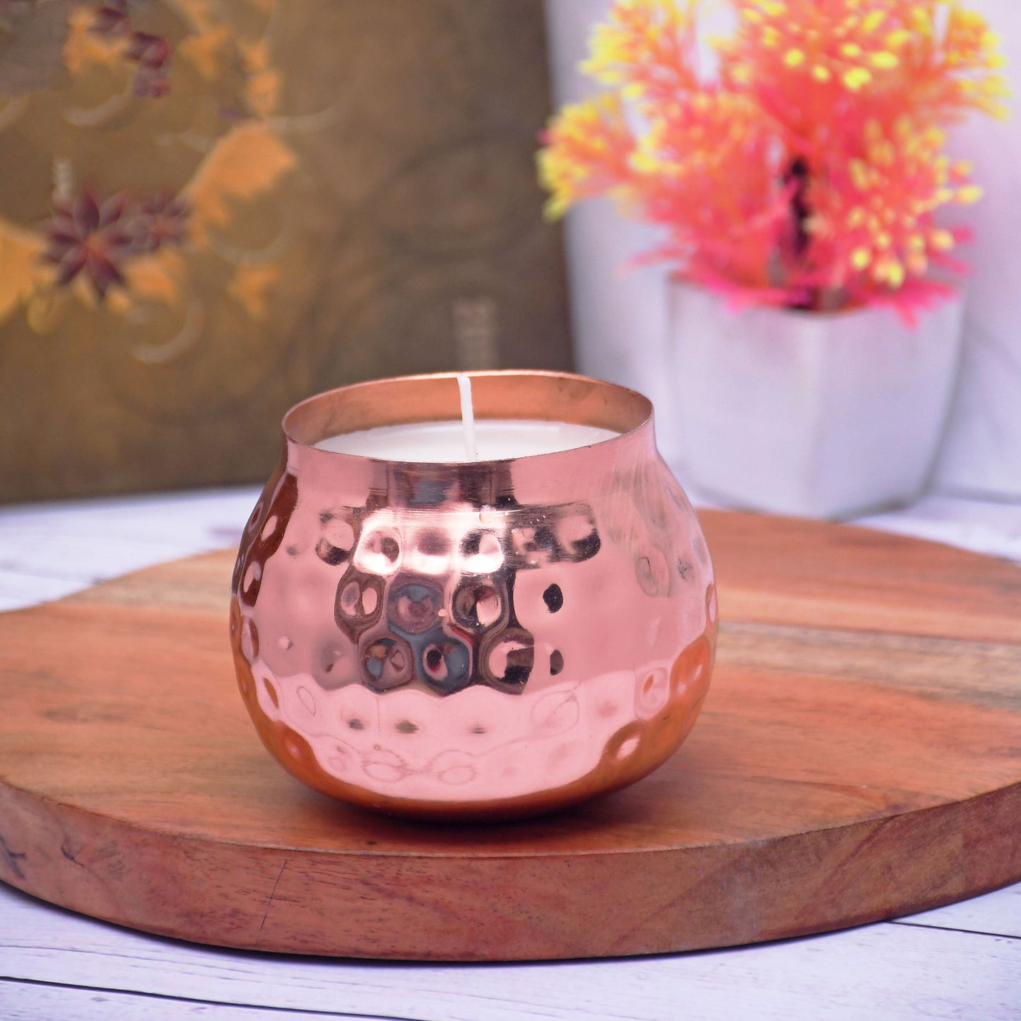 Copper Finish Hammered Votive with Soy Wax Candle French Vanilla - Sama Homes