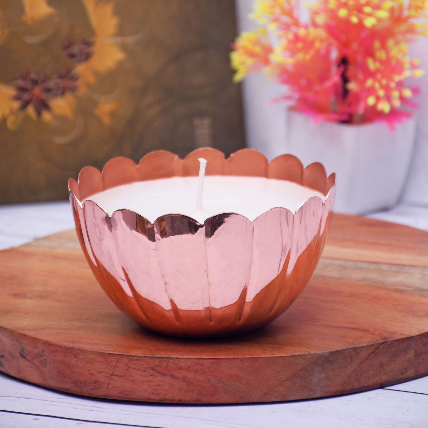 Copper Finish Votive with Lotus Rope Design Soy Wax Candle French Vanilla Big - Sama Homes