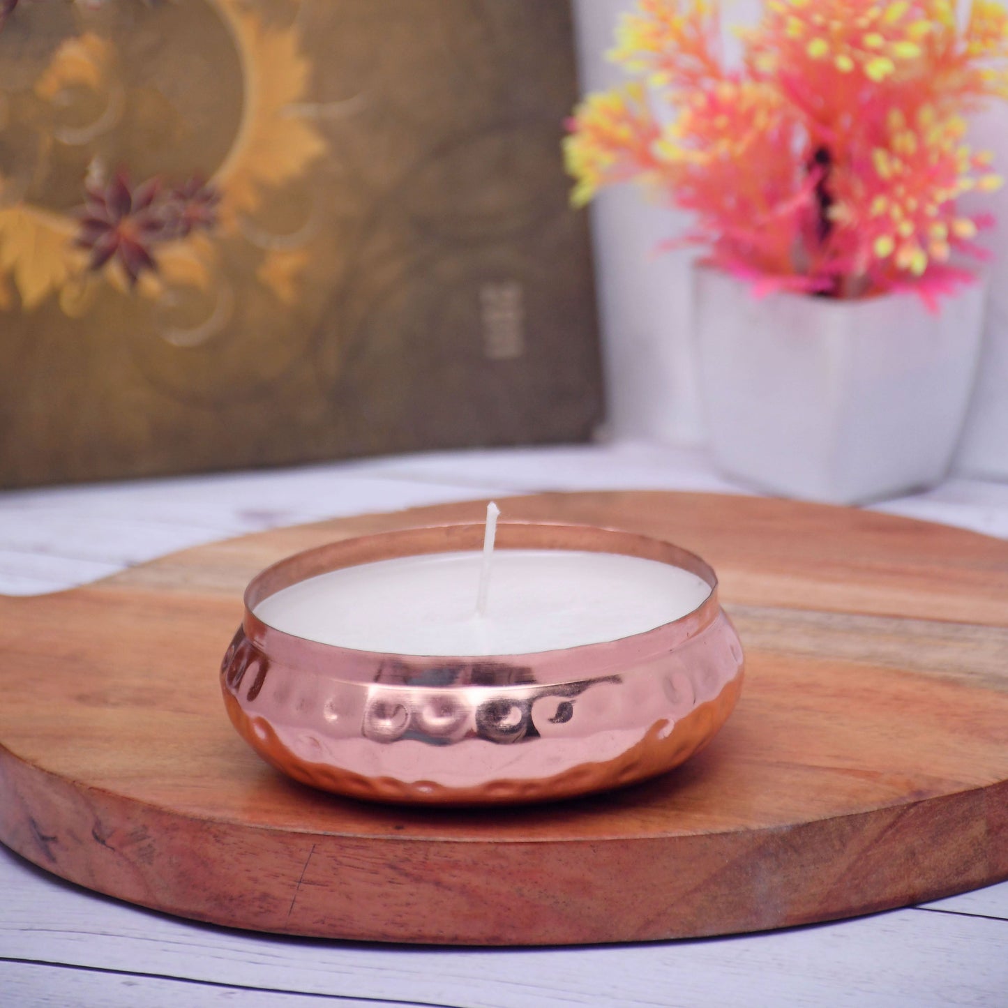 Copper Finish Hammered Votive with Soy Wax Candle French Vanilla (Small) - Sama Homes