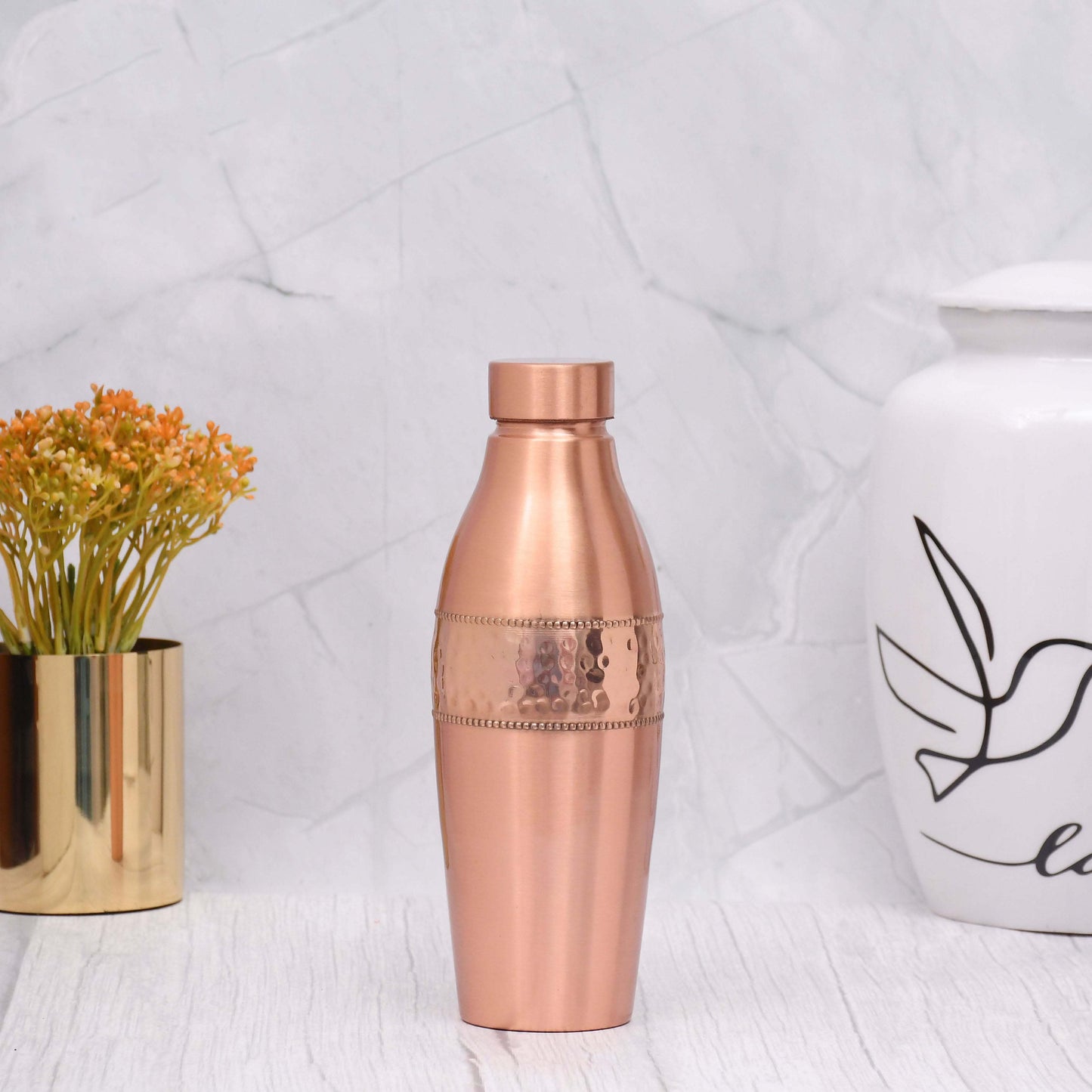 Pure Copper Water Bottle Dolphin Design Half Hammered Half Matt Capacity 950ML - Sama Homes