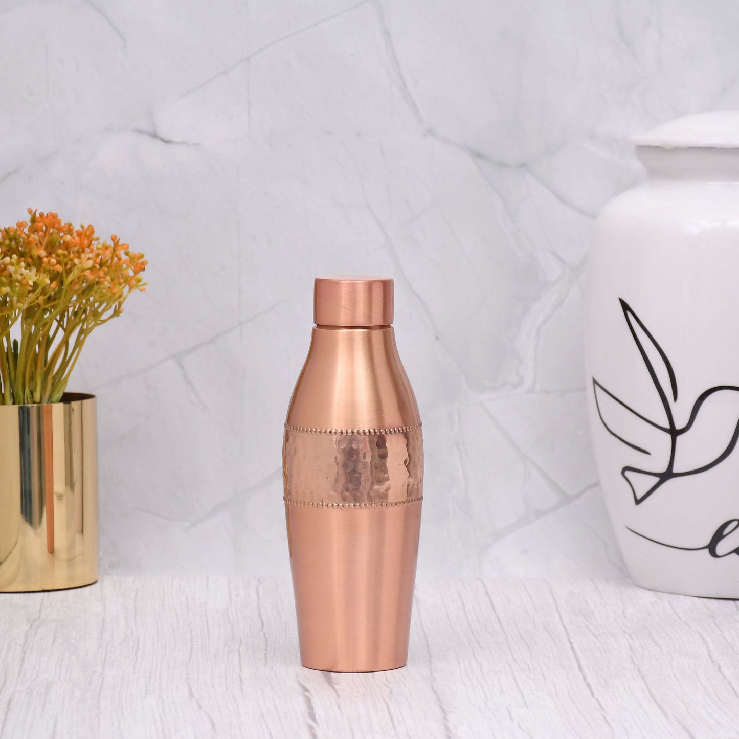 Pure Copper Water Bottle Dolphin Design Half Hammered Half Matt Capacity 600ML (Small) - Sama Homes