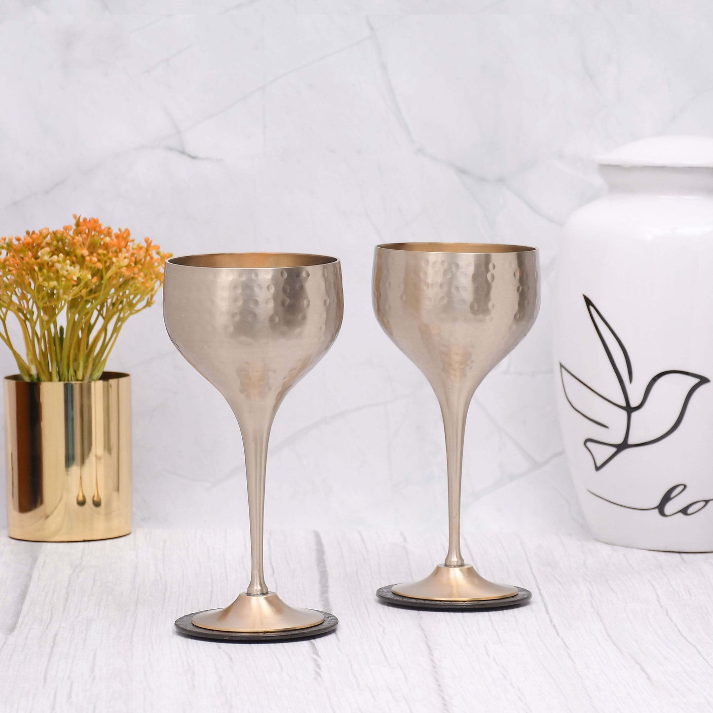 Beautifully Designed Pakiza Brass Matt Finished Goblet Glasses | Set of 2 - Sama Homes