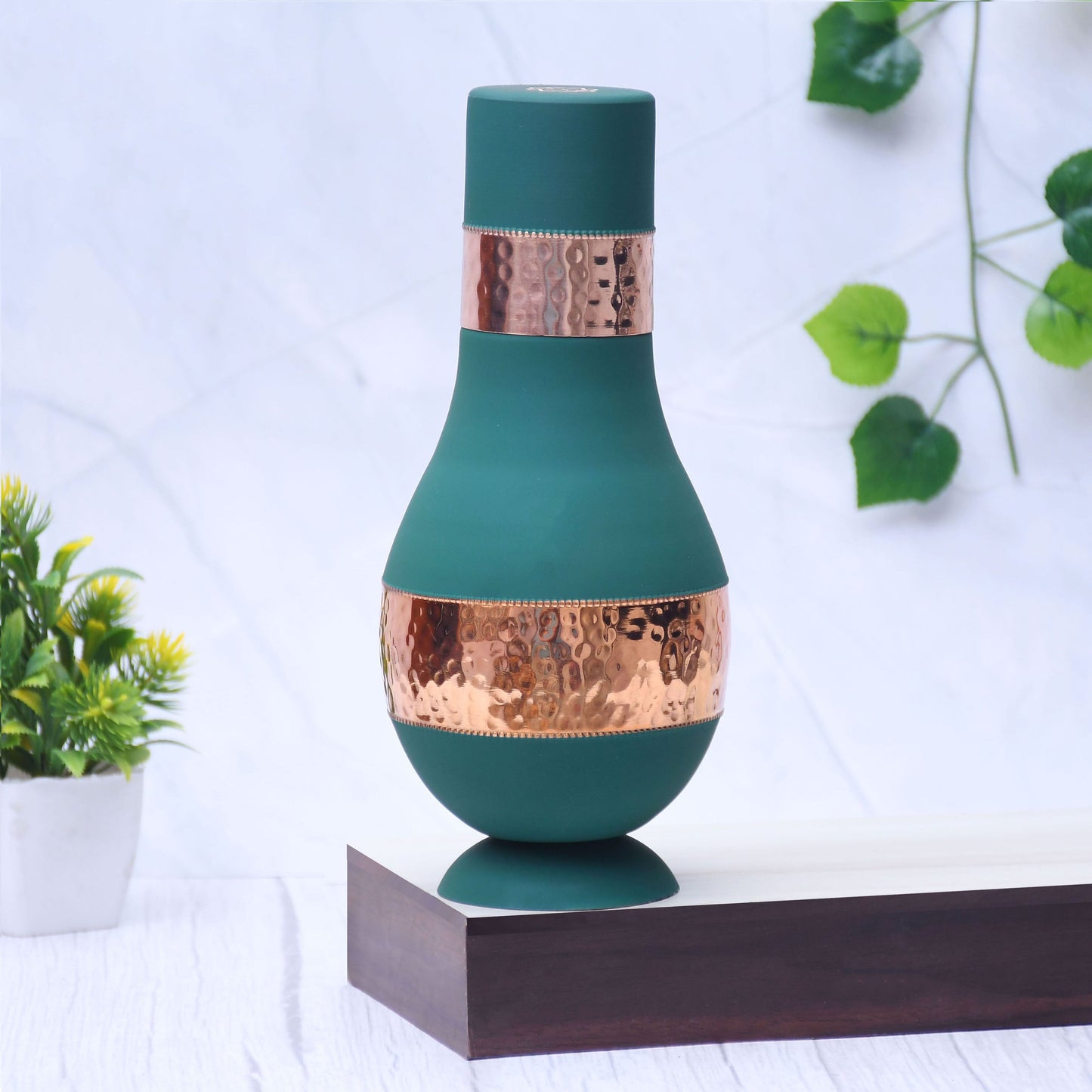 Pure Copper Silk Green Modern Surahi with Inbuilt Glass Capacity 1000 ML - Sama Homes