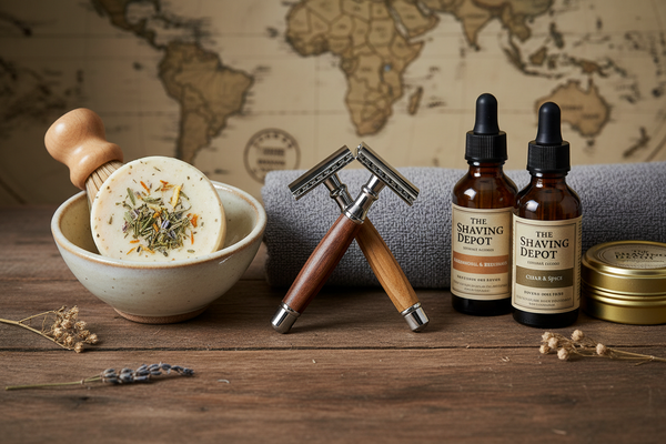 A collection of premium safety razors, botanical shaving soaps, and beard oils from The Shaving Depot, curated as a global cultural gift.