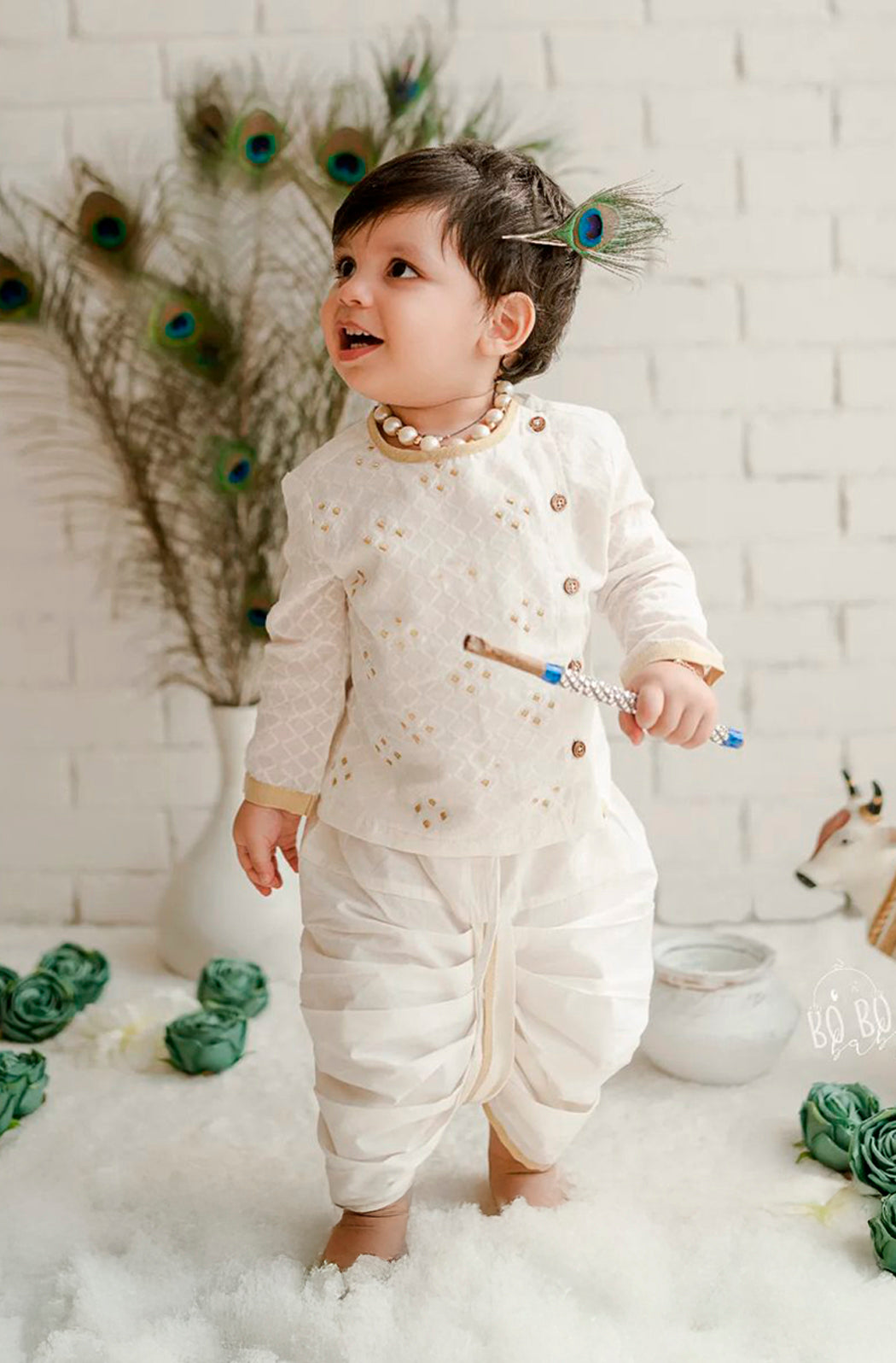 Baby Boy White Zari Kurta Dhoti Set - Eco-friendly - Sama Homes
