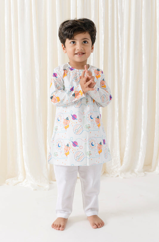 Ganesh Blessing Kurta Pyjama Set - White