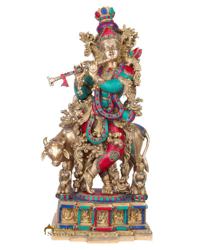 Brass Large Krishna With Cow Idol Home Office Garden Décor Gift Statue 28" by vendor-unknown - Hindu Gods (View 4)