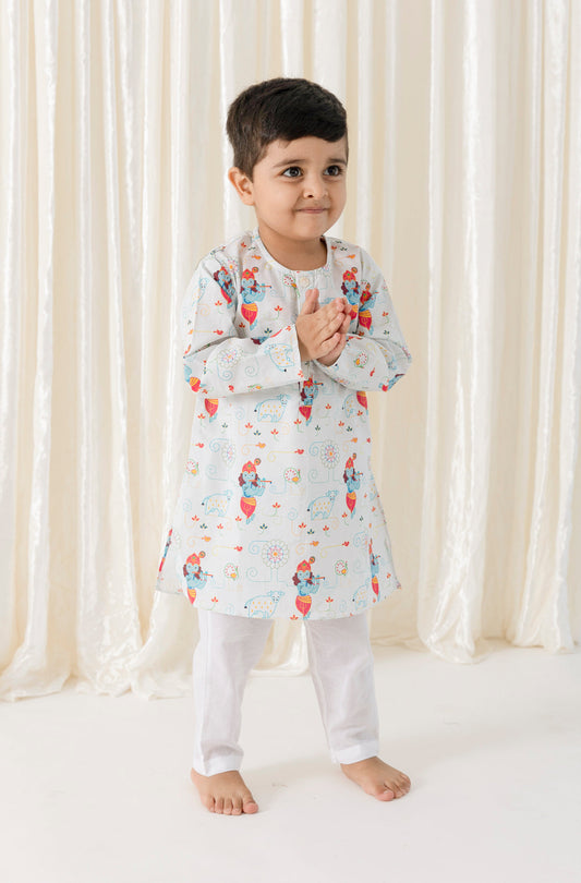 Krishna Blessing Kurta Pyjama Set - White