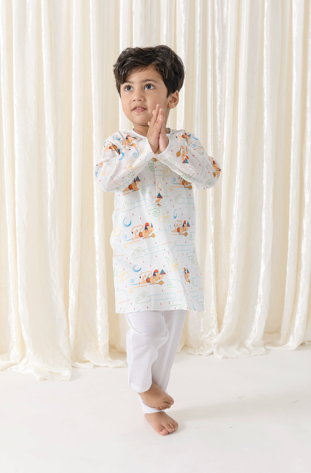 Hanuman Blessing Kurta Pyjama Set - White