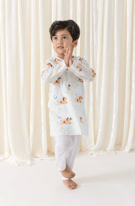 Hanuman Blessing Kurta Pyjama Set - White