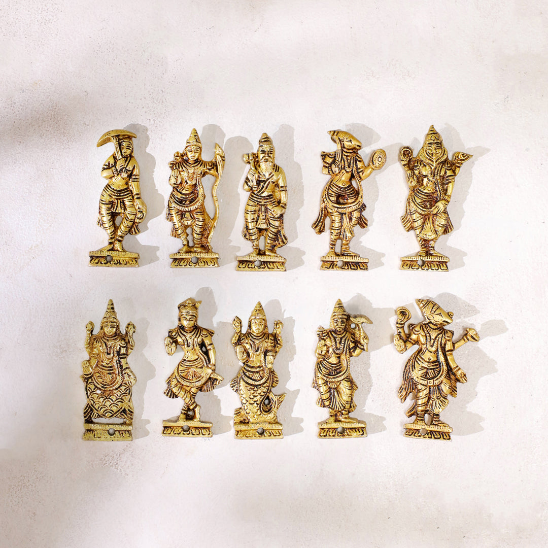 Brass Dashavatara Wall Hanging – Set of 10 Avatars of Lord Vishnu (3.8 Inch) - Eco-friendly - Sama Homes