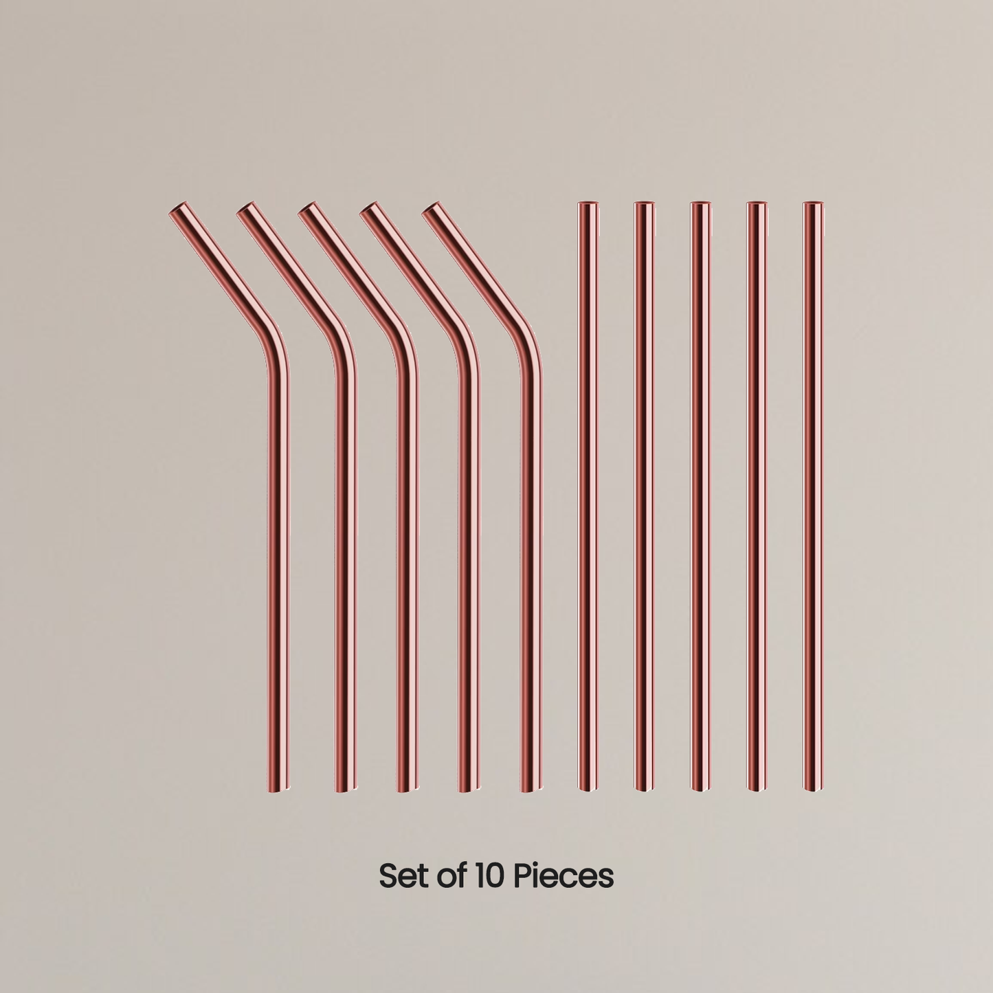 Set of 10 rose gold metal straws on a beige background