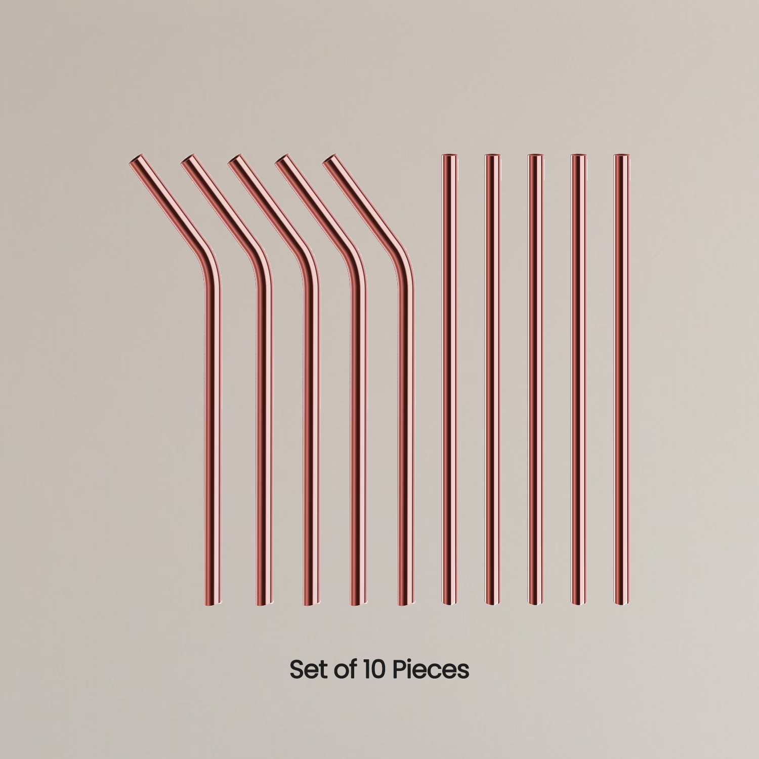 Set of 10 rose gold metal straws on a beige background - Image 6