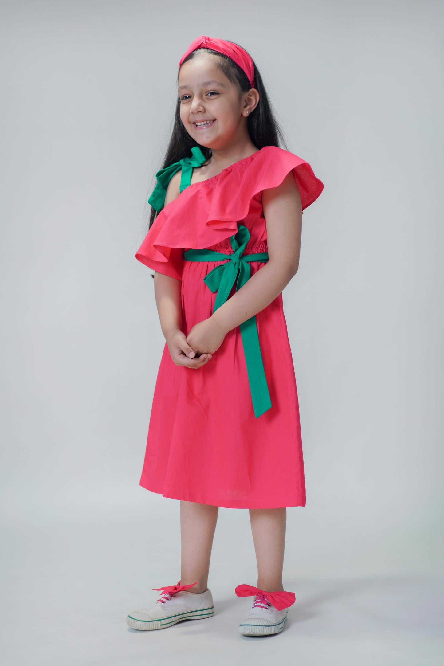 Girls Solid Ruffle Dress-Pink