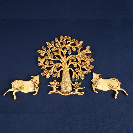 Pure Brass Pair of Cows with Kalpavriksha Wall Hanging – Vastu Approved – Sama Homes