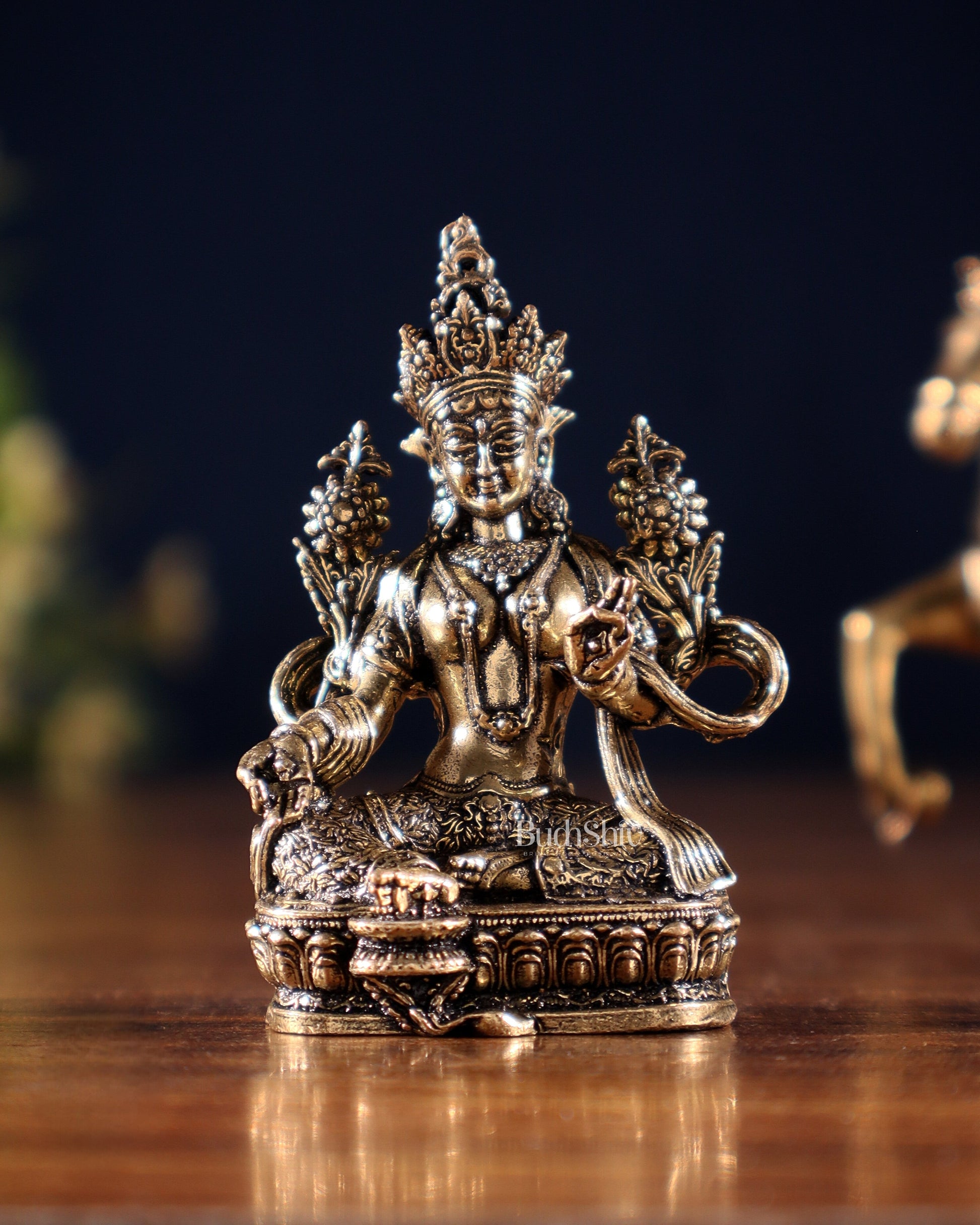 Pure Superfine Brass Buddhist Green Tara Miniature Idol 2 inch - Sama Homes Idol - Brass Sculpture - Eco-friendly - Sama Homes