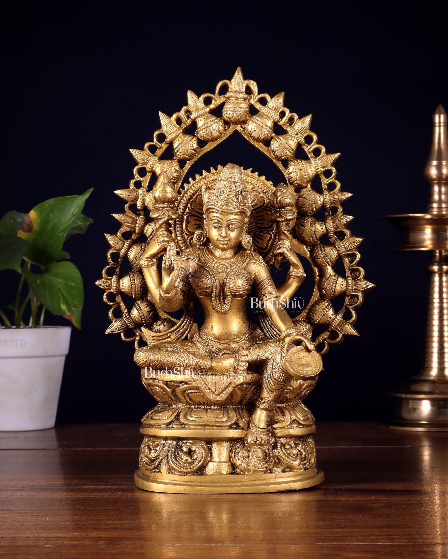 Pure Brass Goddess Lakshmi Statue with Prabhavali – 10.5 Inch - Sama Homes Idol - Brass Sculpture