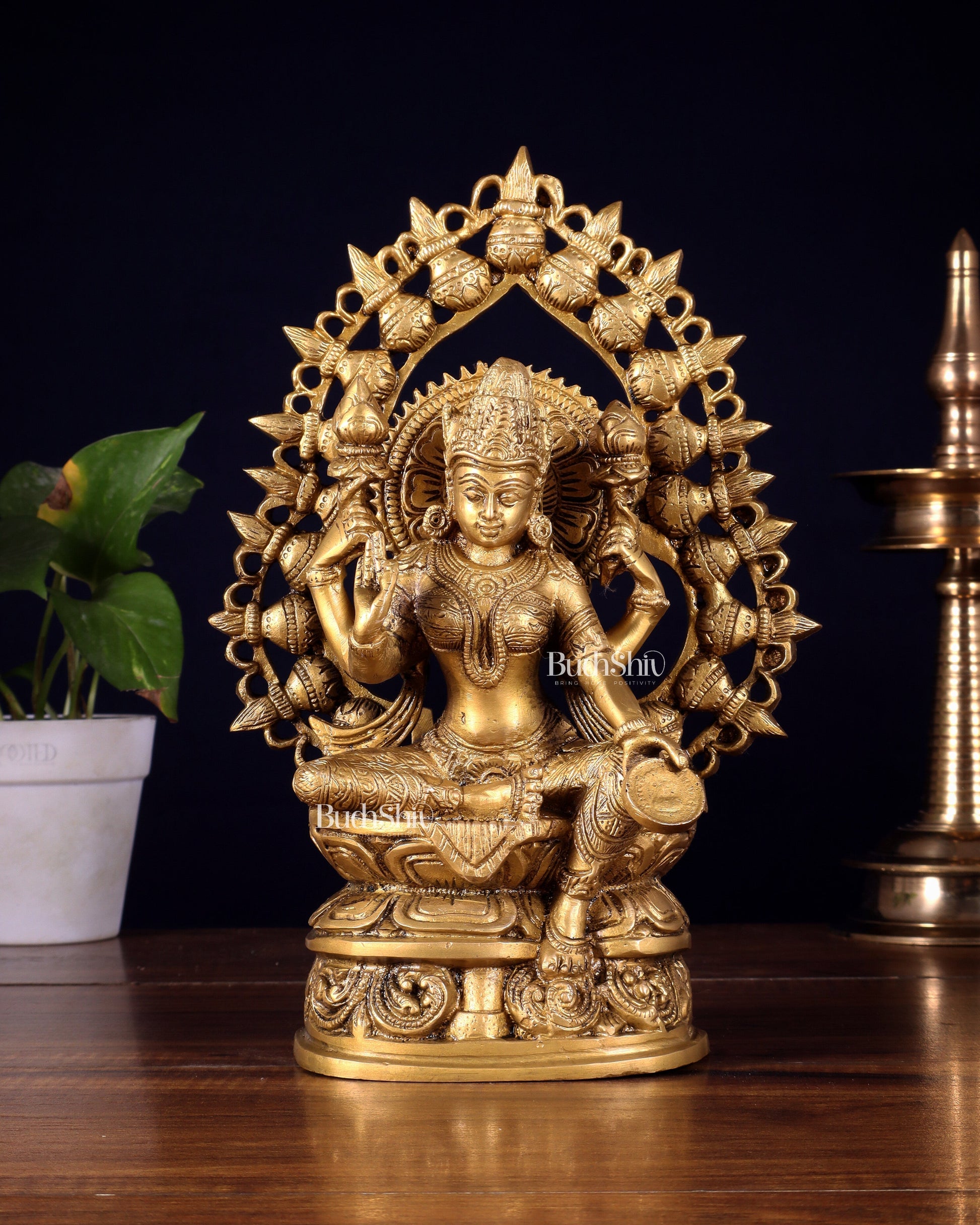 Pure Brass Goddess Lakshmi Statue with Prabhavali – 10.5 Inch - Sama Homes Idol - Brass Sculpture - Eco-friendly - Sama Homes