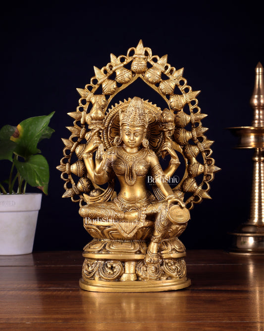 Pure Brass Goddess Lakshmi Statue with Prabhavali – 10.5 Inch - Sama Homes Idol - Brass Sculpture