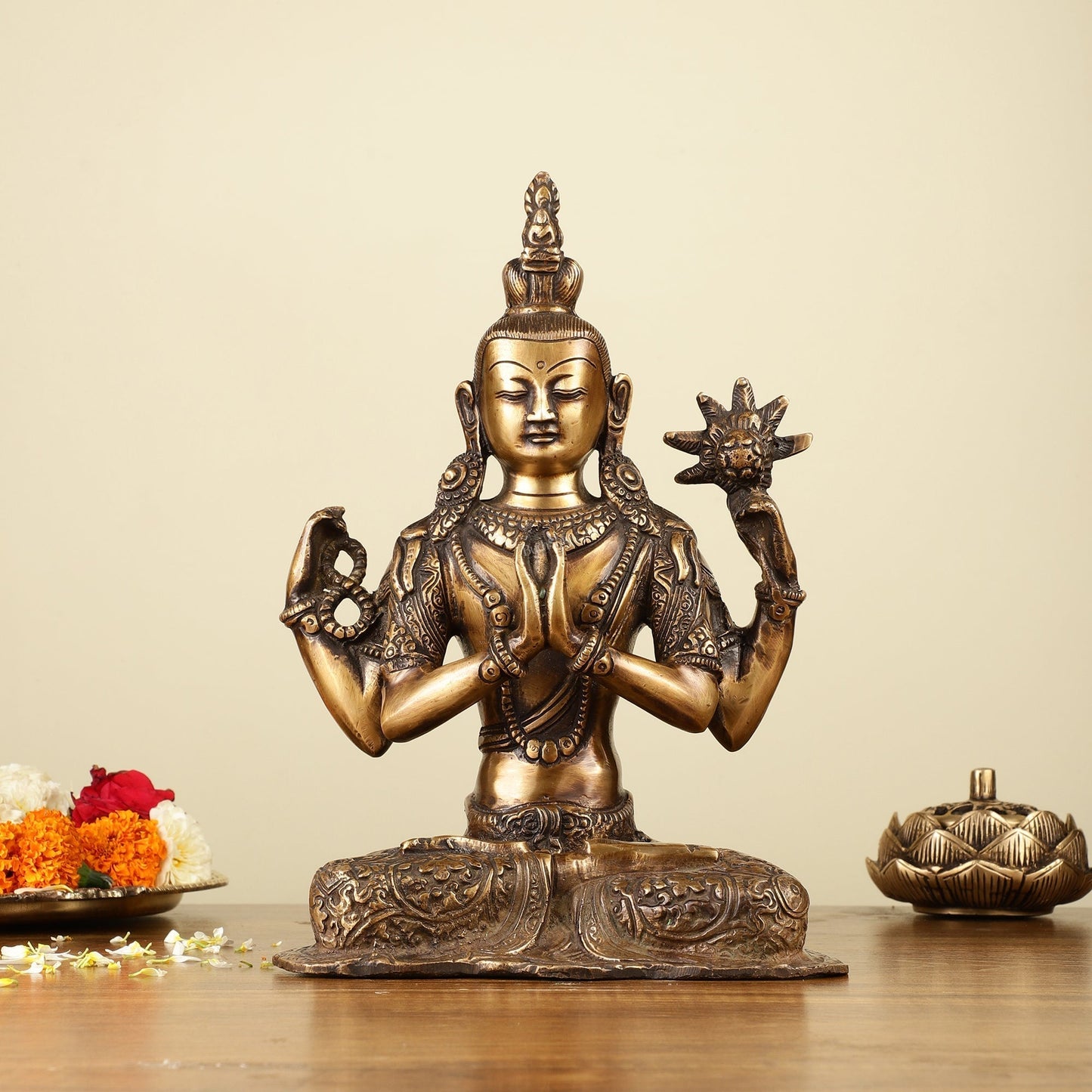 10.5" Brass Chenrezig (Shadakshari Lokeshvara) - Tibetan Buddhist Deity | 100% Certified Copper & Brass - Sama Homes Idol - Brass Sculpture