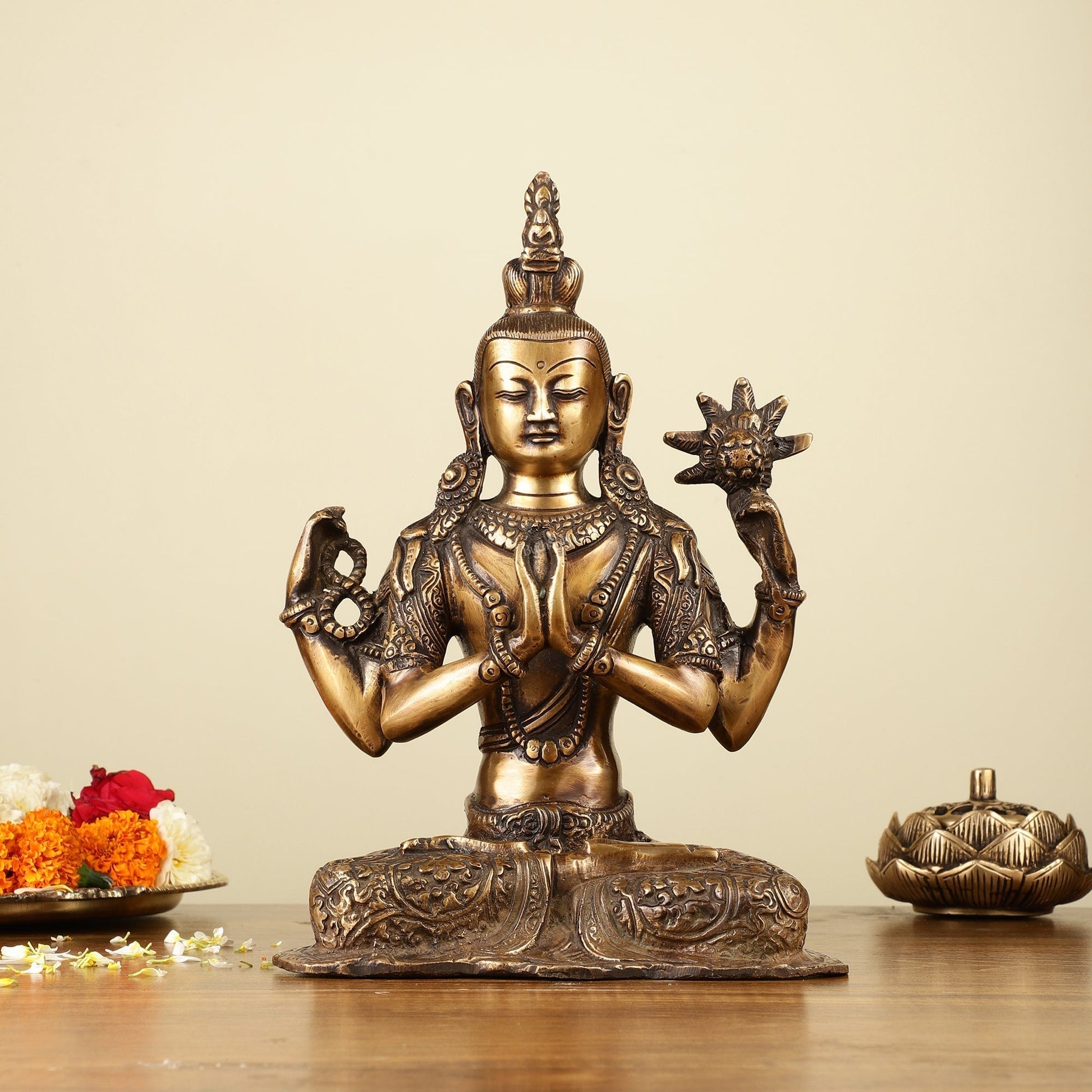 10.5" Brass Chenrezig (Shadakshari Lokeshvara) - Tibetan Buddhist Deity | 100% Certified Copper & Brass - Sama Homes Idol - Brass Sculpture - Eco-friendly - Sama Homes