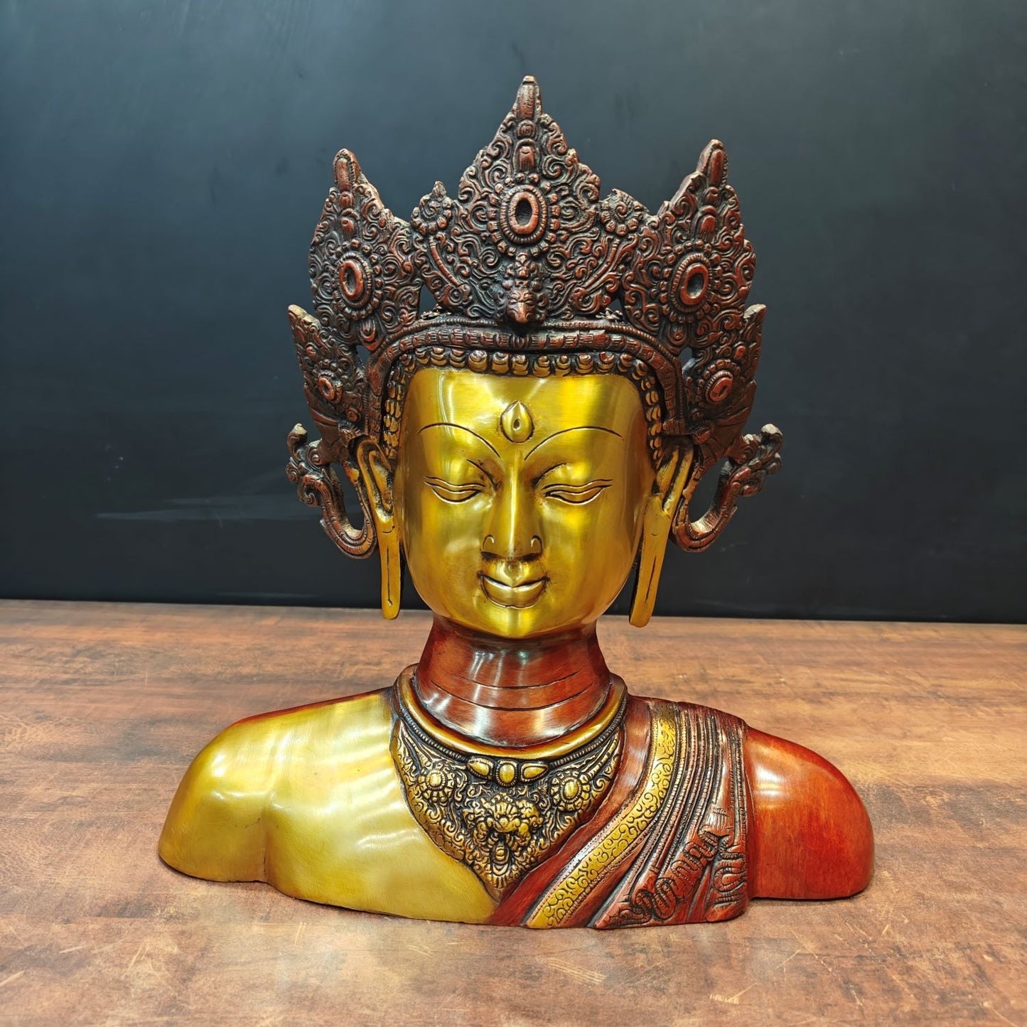 Brass Tara Bust Idol Buddhist Deity Statue Figure Copper Patina Finish 15 Inch