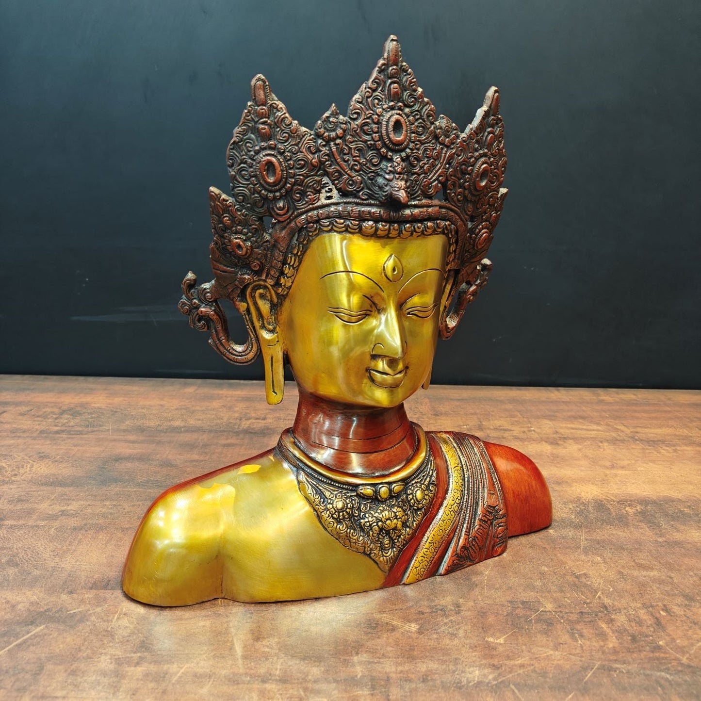 Brass Tara Bust Idol Buddhist Deity Statue Figure Copper Patina Finish 15 Inch