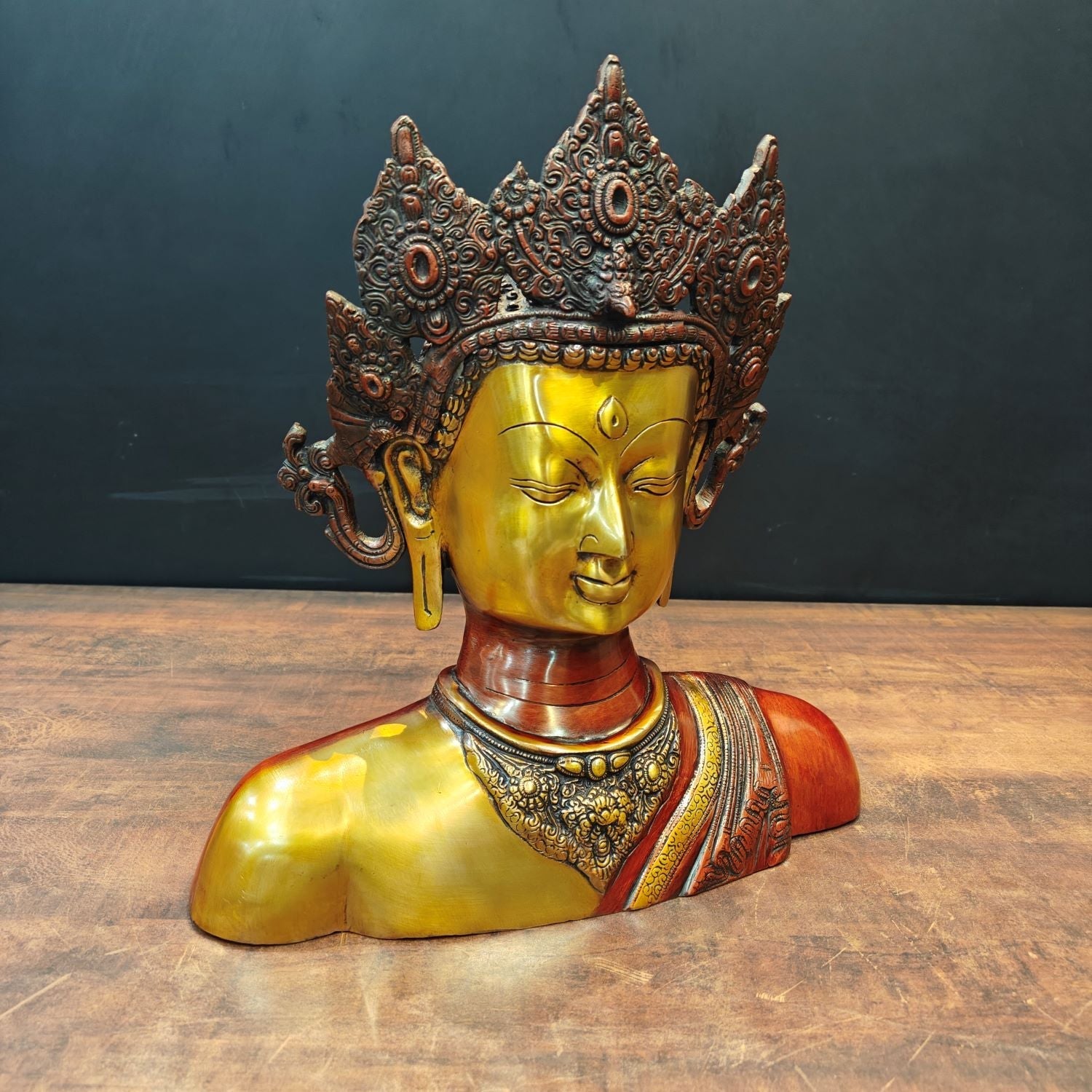 Brass Tara Bust Idol Buddhist Deity Statue Figure Copper Patina Finish 15 Inch - Image 5