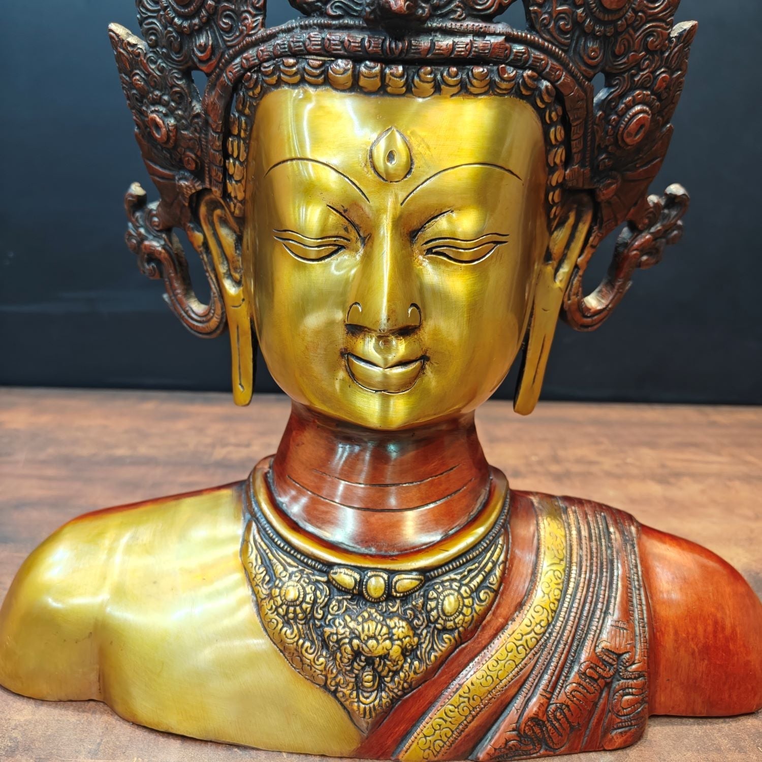 Brass Tara Bust Idol Buddhist Deity Statue Figure Copper Patina Finish 15 Inch - Image 6
