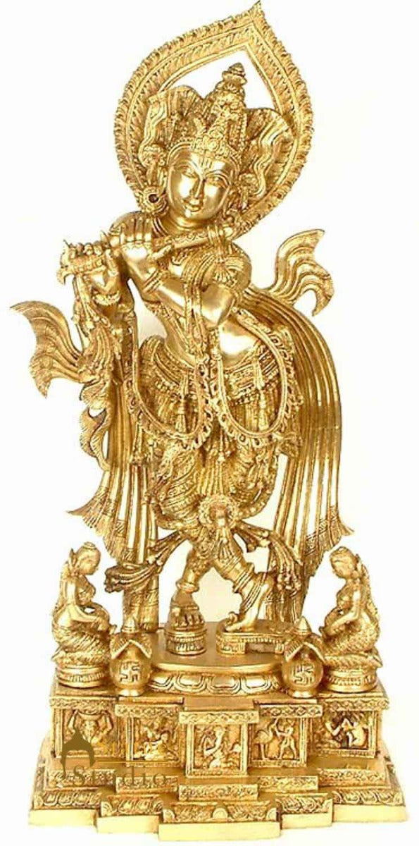 Large Size Indian Brass Hindu God Murli Manohar Lord Krishna With Flute 26" - Image 2