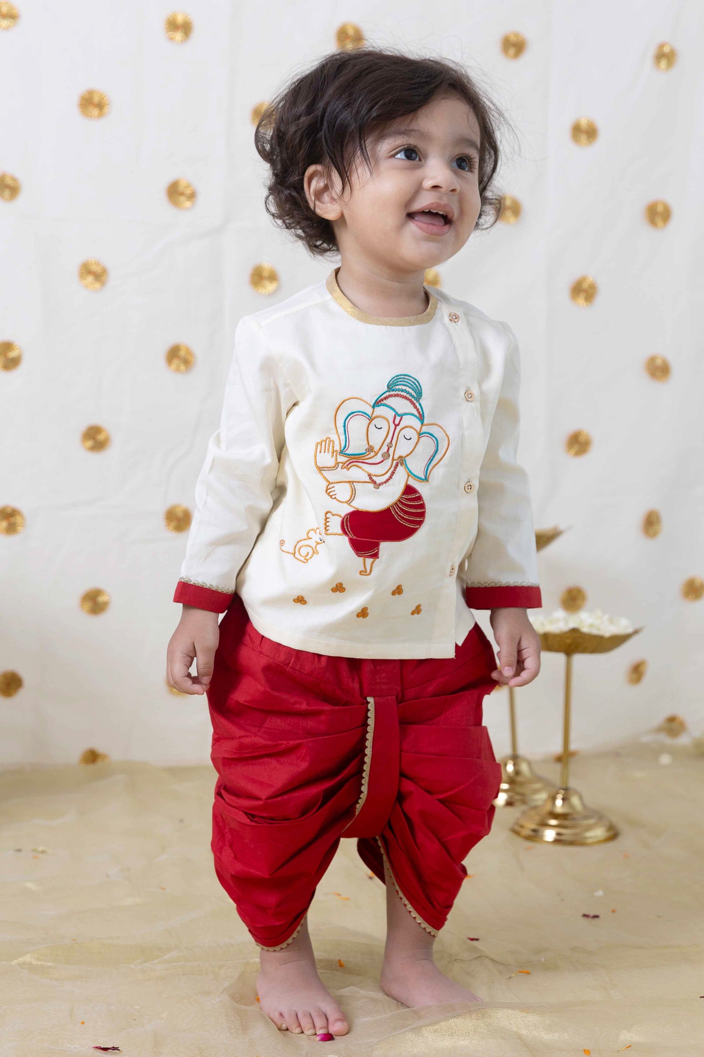 Baby Boy Ganesha Dhoti Set - Cream