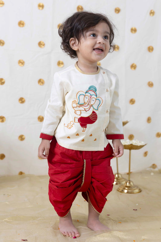 Baby Boy Ganesha Dhoti Set - Cream