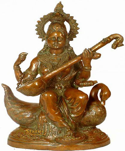 Antique Bronze Indian Hindu Goddess of Knowledge Maa Saraswati On Swan Idol 28" by vendor-unknown - Hindu Gods
