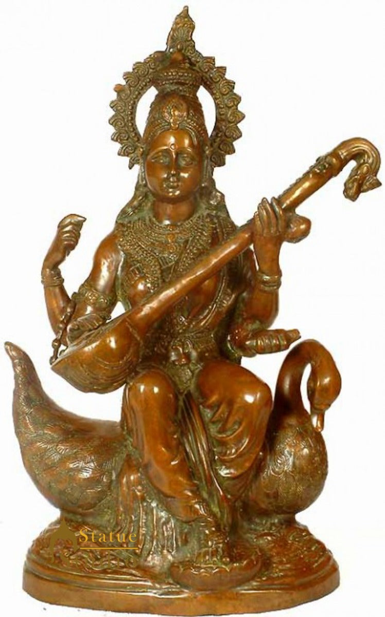 Antique Bronze Indian Hindu Goddess of Knowledge Maa Saraswati On Swan Idol 28" - Image 2