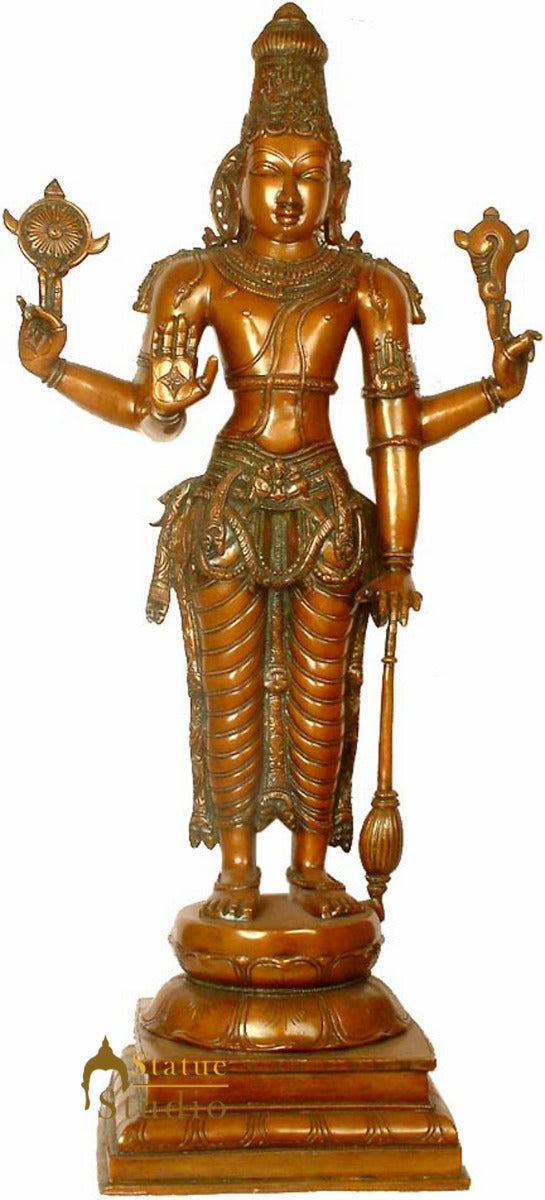 Indian Large Size Antique Bronze Hindu Deity Lord Vishnu Bhagwan Idol 39" - Image 2