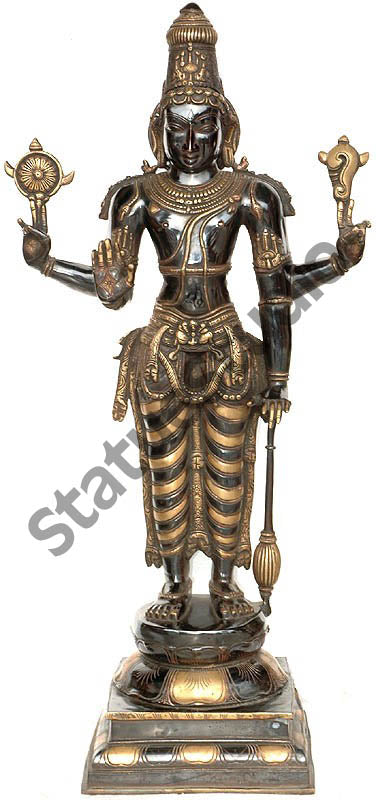 Large Size Antique Black Brass Hindu Lord Chaturbhuja Narayana Vishnu 3 Feet - Image 2