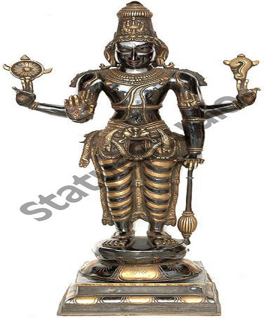 Large Size Antique Black Brass Hindu Lord Chaturbhuja Narayana Vishnu 3 Feet
