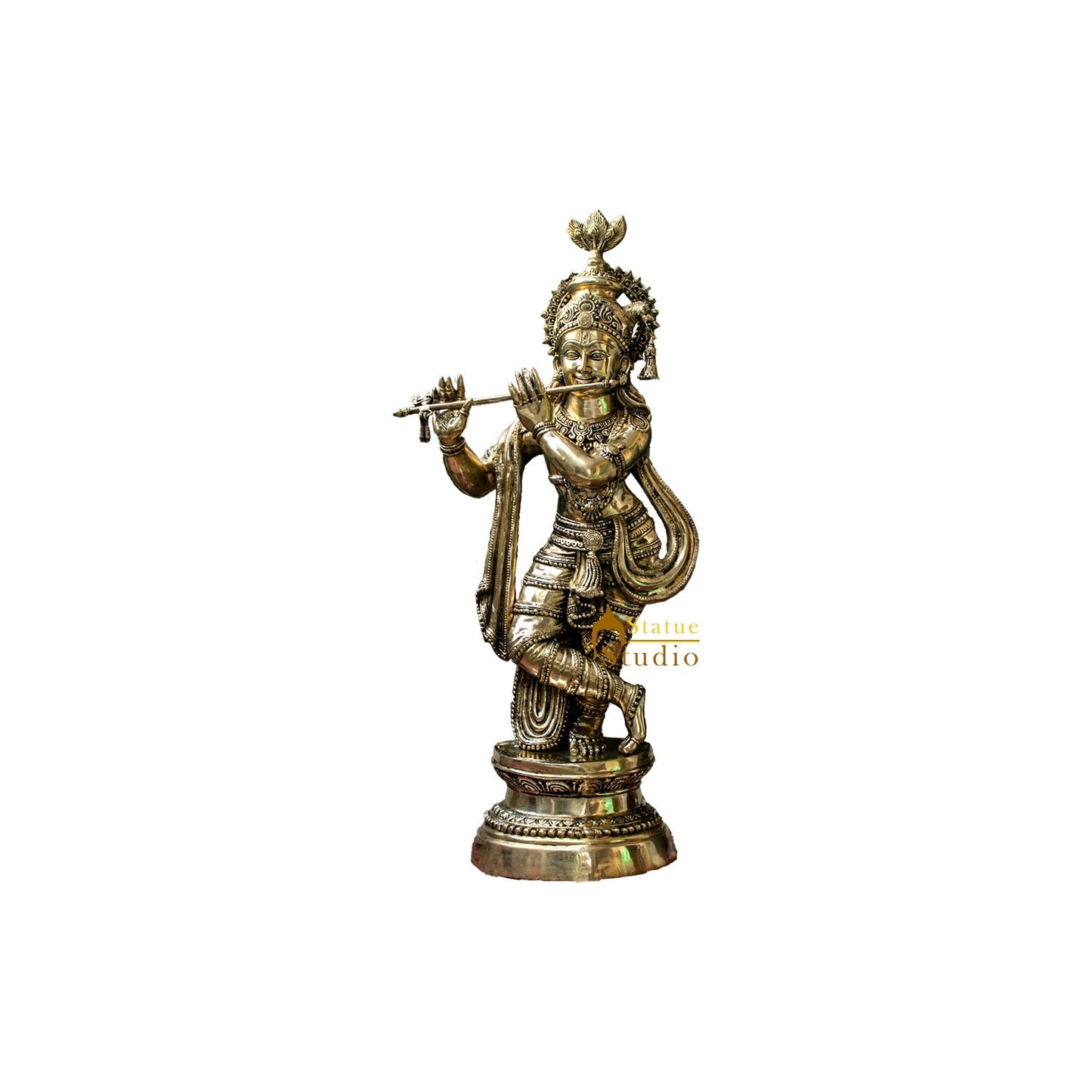Brass Indian Hindu God Pure Divine Lord Tribhangi Krishna Fluting Statue 3 Feet