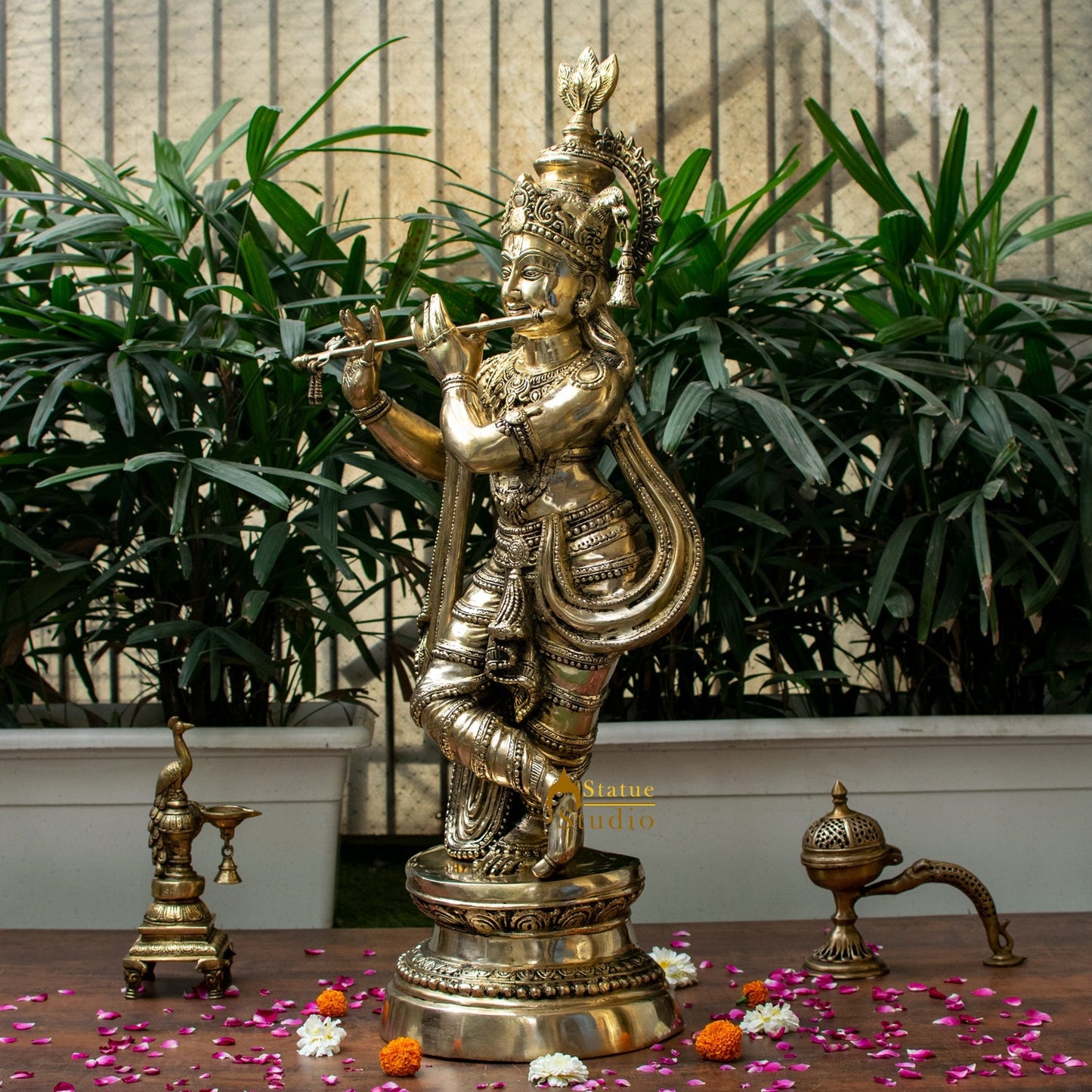 Brass Indian Hindu God Pure Divine Lord Tribhangi Krishna Fluting Statue 3 Feet