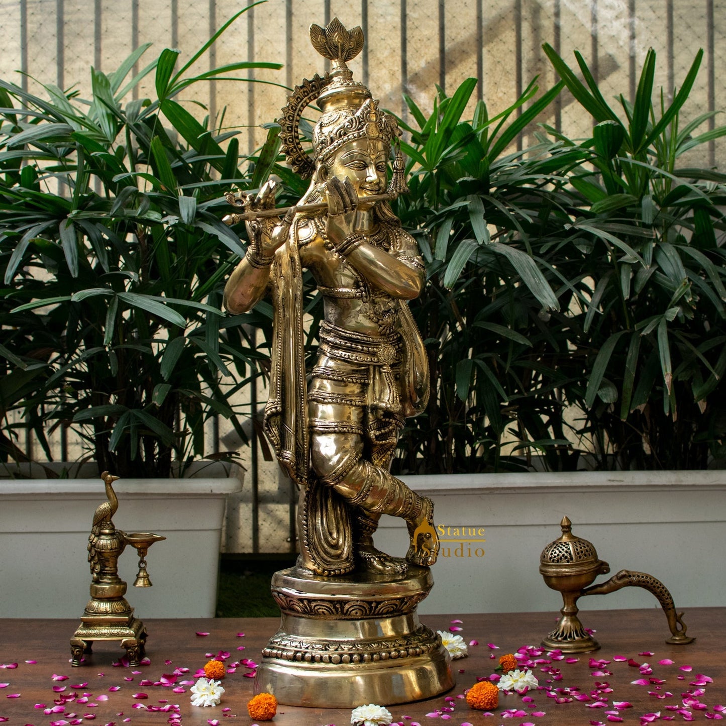 Brass Indian Hindu God Pure Divine Lord Tribhangi Krishna Fluting Statue 3 Feet