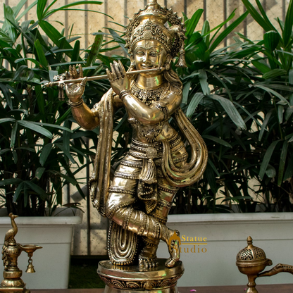 Brass Indian Hindu God Pure Divine Lord Tribhangi Krishna Fluting Statue 3 Feet by vendor-unknown - Hindu Gods (View 2)
